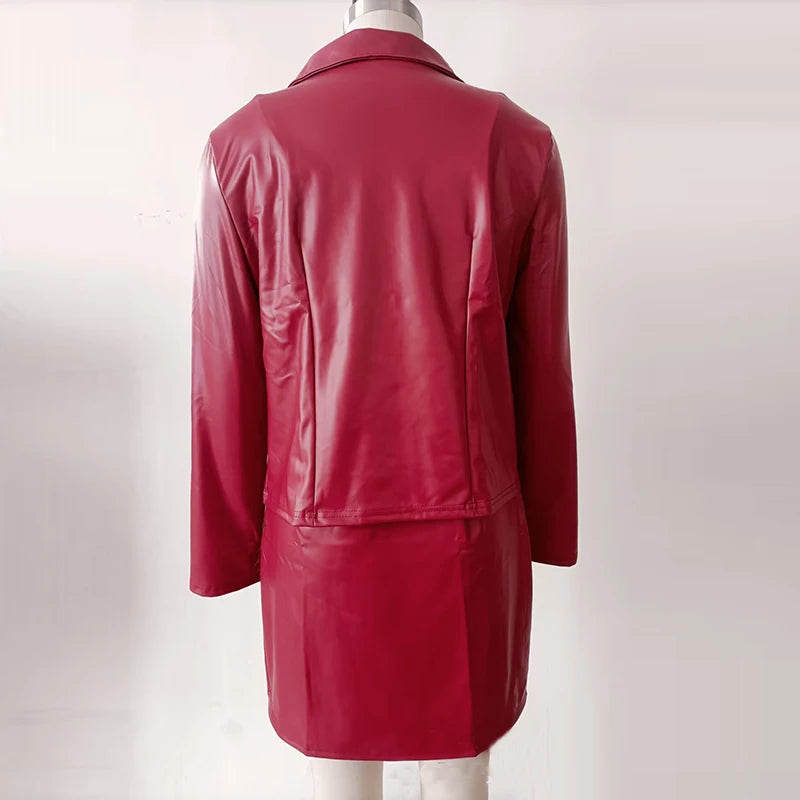 Fashion Slim Fit Leather Jacket Dress Women Classic Moto Biker PU Leather Jacket Coat Sleeveless Dress Women Set