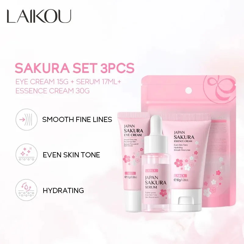 3pcs/set LAIKOU Skin Care Set Vitamin C Sakura Snail Essence Serum & Eye Cream & Face Cream Moisturizer Travel Size Skincare Set
