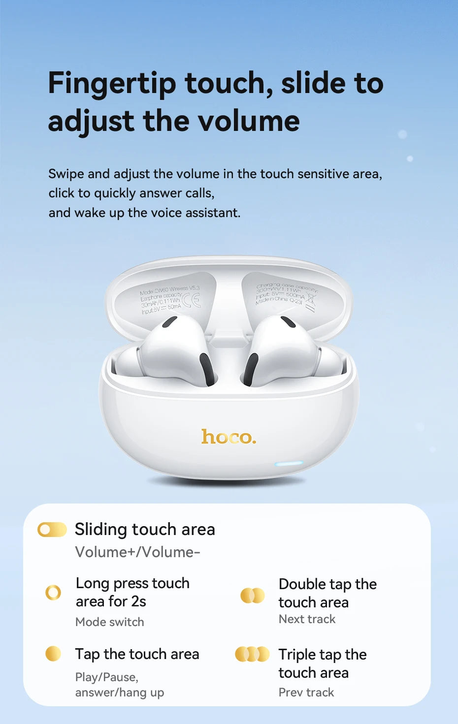 HOCO EW60 TWS Bluetooth Wireless Headphones - Waterproof Touch Control Earbuds with HD Mic for Smartphones