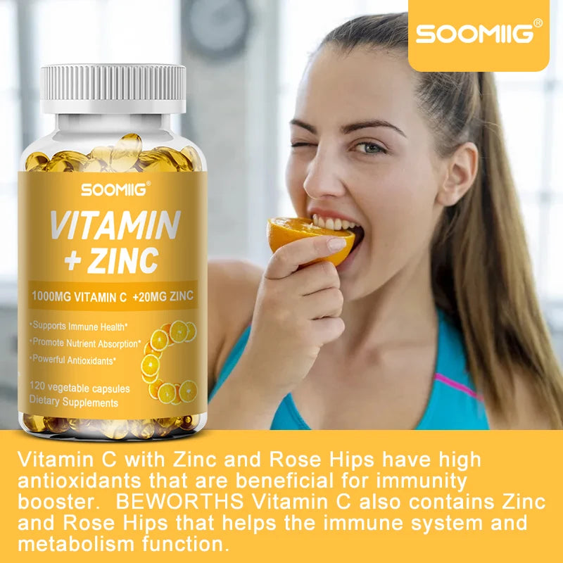 Soomiig Vitamin C with Zinc Capsules Vitamin C 1000MG, Zinc 20 Mg, for Immune Support Powerful Antioxidant & Energy Production