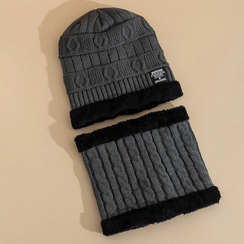 New Style Unisex Plush Lined Winter Hat Thicken Warm Knitted Suit Set Soft Stretch Winter Hats For Men&Women Leisure Beanie Cap