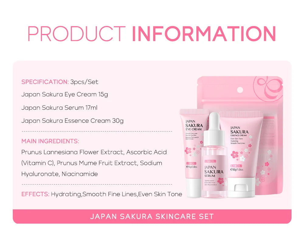 3pcs/set LAIKOU Skin Care Set Vitamin C Sakura Snail Essence Serum & Eye Cream & Face Cream Moisturizer Travel Size Skincare Set