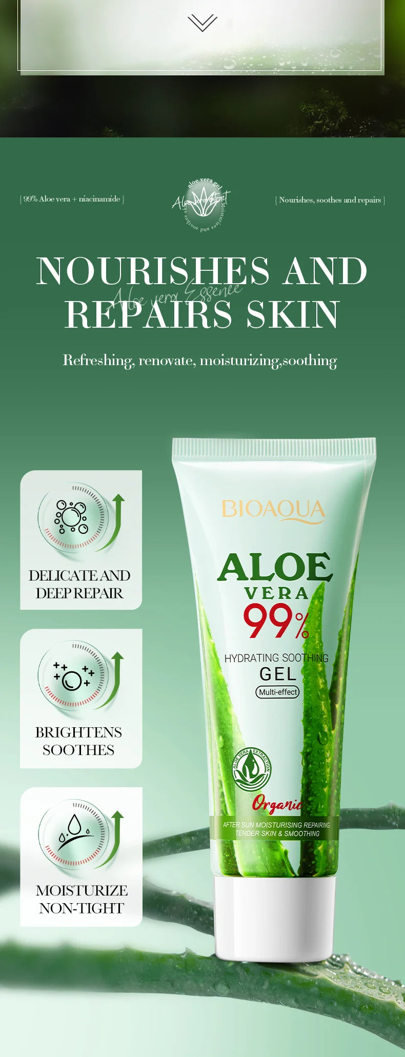 BIOAOUA Soothing Aloe Vera Gel For Face & Body Hydrating Moisturizing Repairing Sunburn Relief Acne Care For Sensitive Skin