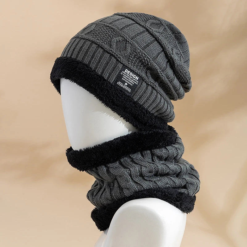 New Style Unisex Plush Lined Winter Hat Thicken Warm Knitted Suit Set Soft Stretch Winter Hats For Men&Women Leisure Beanie Cap