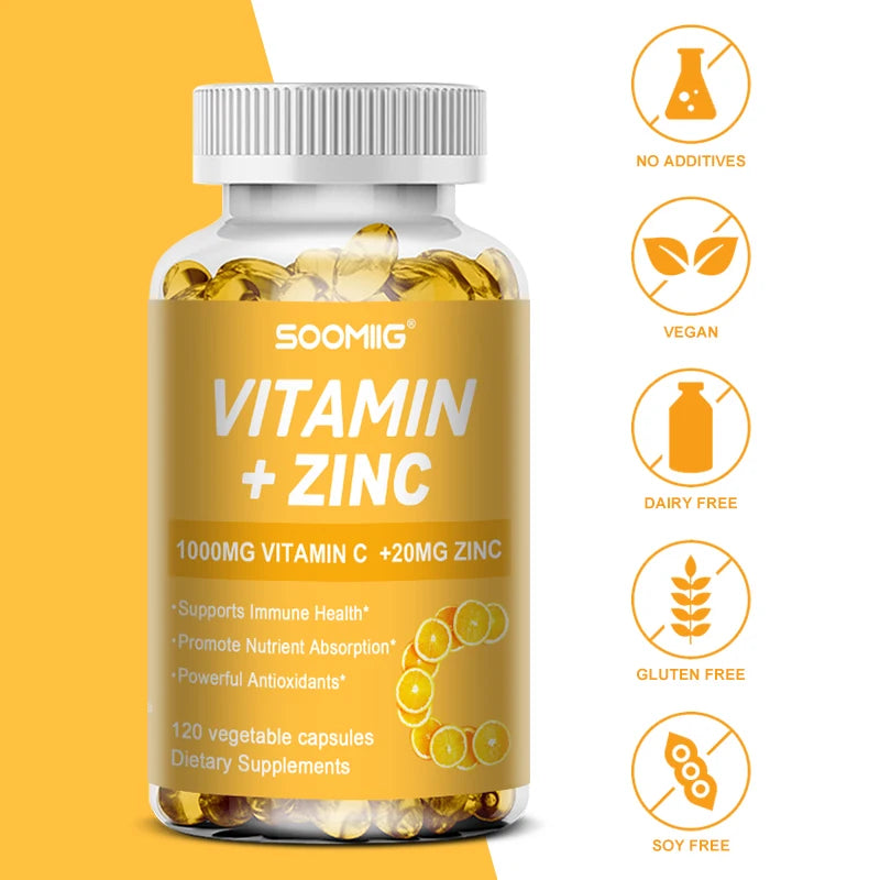 Soomiig Vitamin C with Zinc Capsules Vitamin C 1000MG, Zinc 20 Mg, for Immune Support Powerful Antioxidant & Energy Production