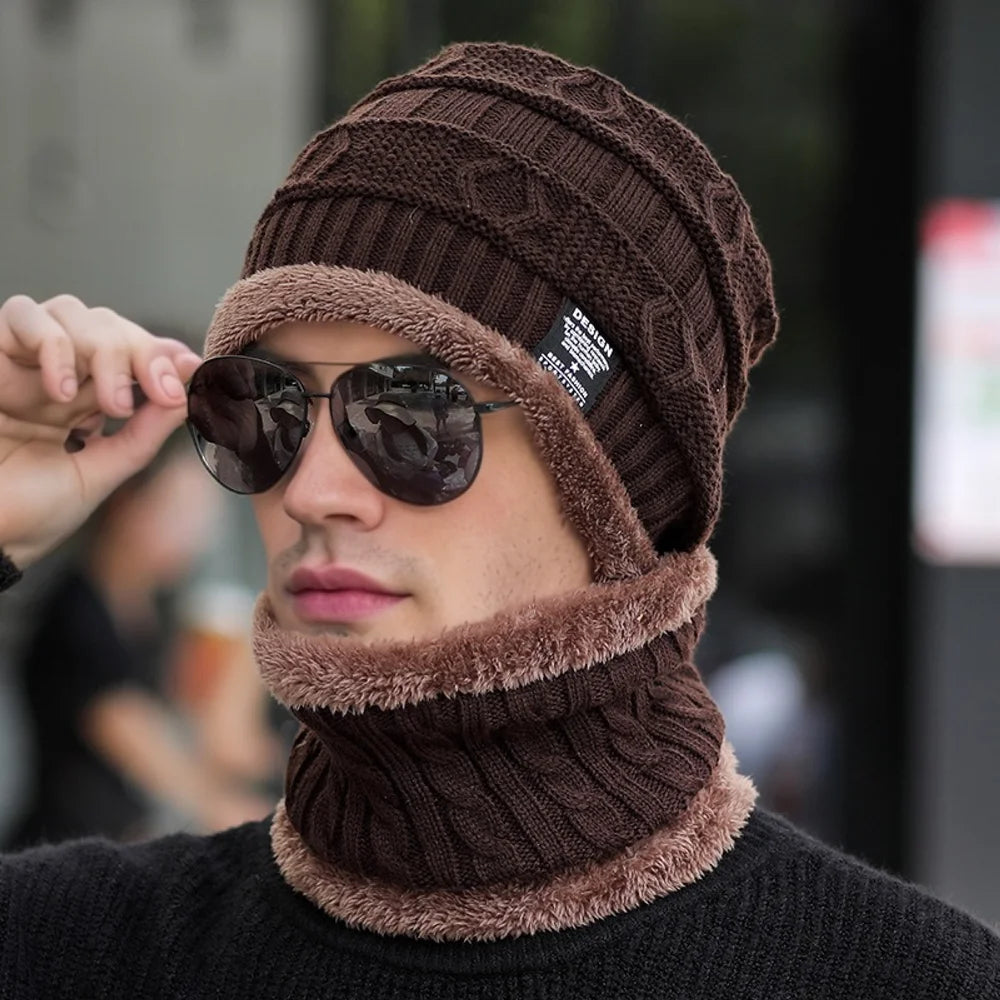 New Style Unisex Plush Lined Winter Hat Thicken Warm Knitted Suit Set Soft Stretch Winter Hats For Men&Women Leisure Beanie Cap