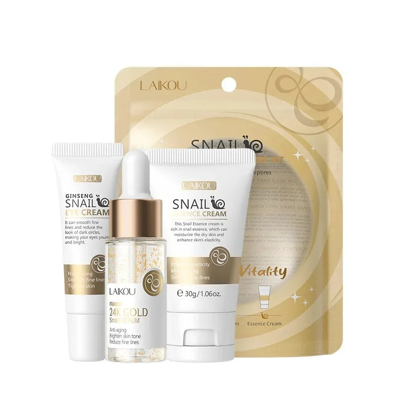 3pcs/set LAIKOU Skin Care Set Vitamin C Sakura Snail Essence Serum & Eye Cream & Face Cream Moisturizer Travel Size Skincare Set