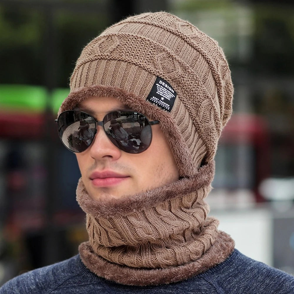 New Style Unisex Plush Lined Winter Hat Thicken Warm Knitted Suit Set Soft Stretch Winter Hats For Men&Women Leisure Beanie Cap