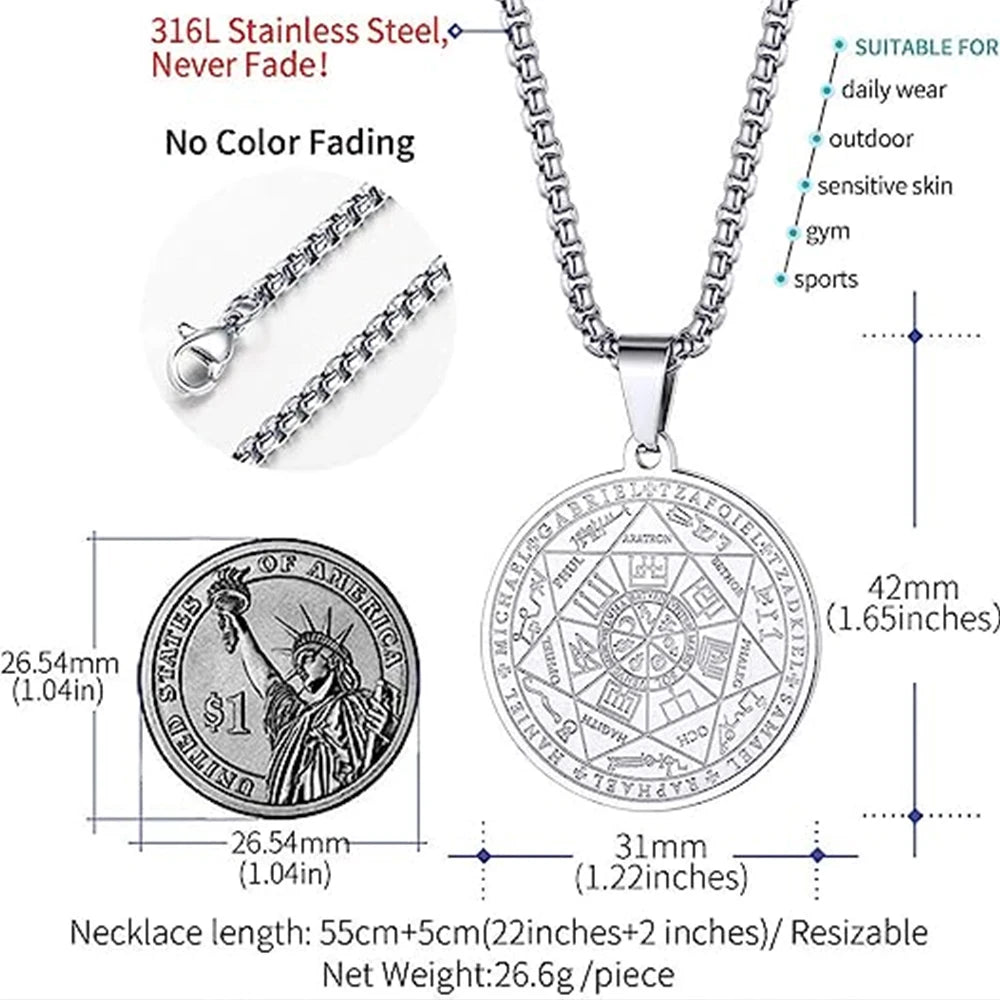 Seal of The 7 Archangels Pendant Necklaces for Men Seal of Solomon Spiritual Talisman Protection Amulet Stainless Steel Jewelry