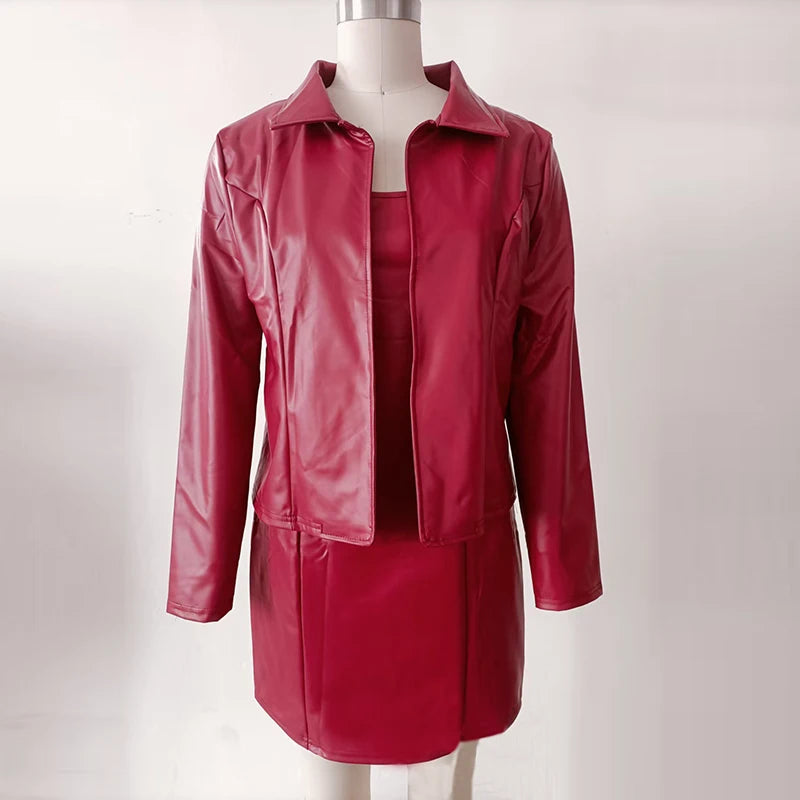 Fashion Slim Fit Leather Jacket Dress Women Classic Moto Biker PU Leather Jacket Coat Sleeveless Dress Women Set