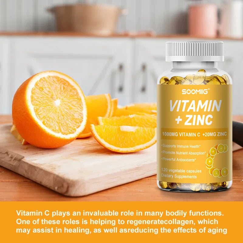 Soomiig Vitamin C with Zinc Capsules Vitamin C 1000MG, Zinc 20 Mg, for Immune Support Powerful Antioxidant & Energy Production