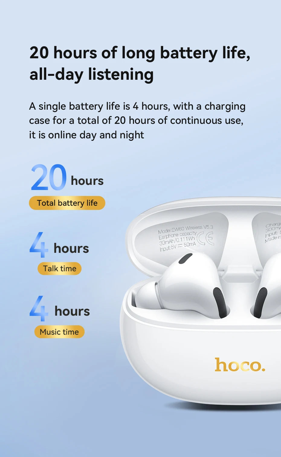 HOCO EW60 TWS Bluetooth Wireless Headphones - Waterproof Touch Control Earbuds with HD Mic for Smartphones