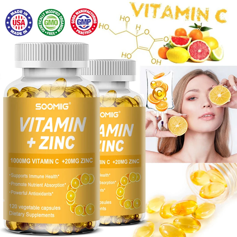 Soomiig Vitamin C with Zinc Capsules Vitamin C 1000MG, Zinc 20 Mg, for Immune Support Powerful Antioxidant & Energy Production