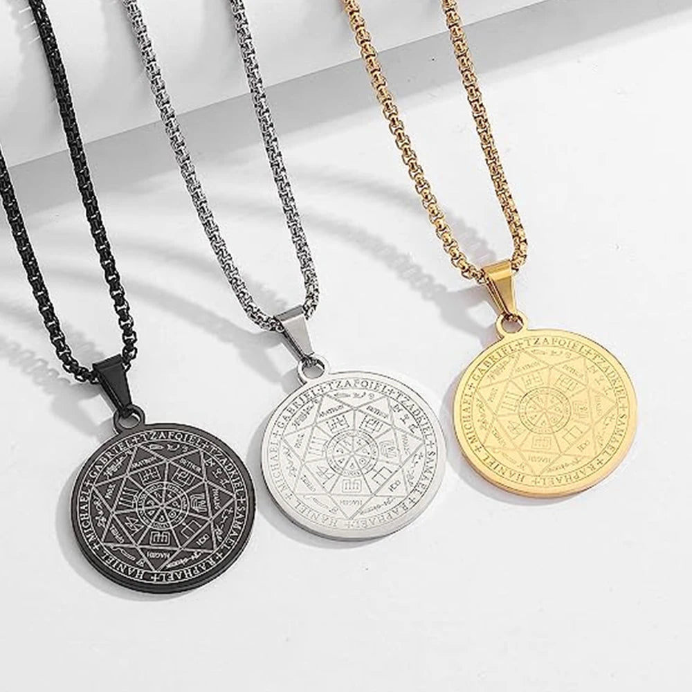 Seal of The 7 Archangels Pendant Necklaces for Men Seal of Solomon Spiritual Talisman Protection Amulet Stainless Steel Jewelry