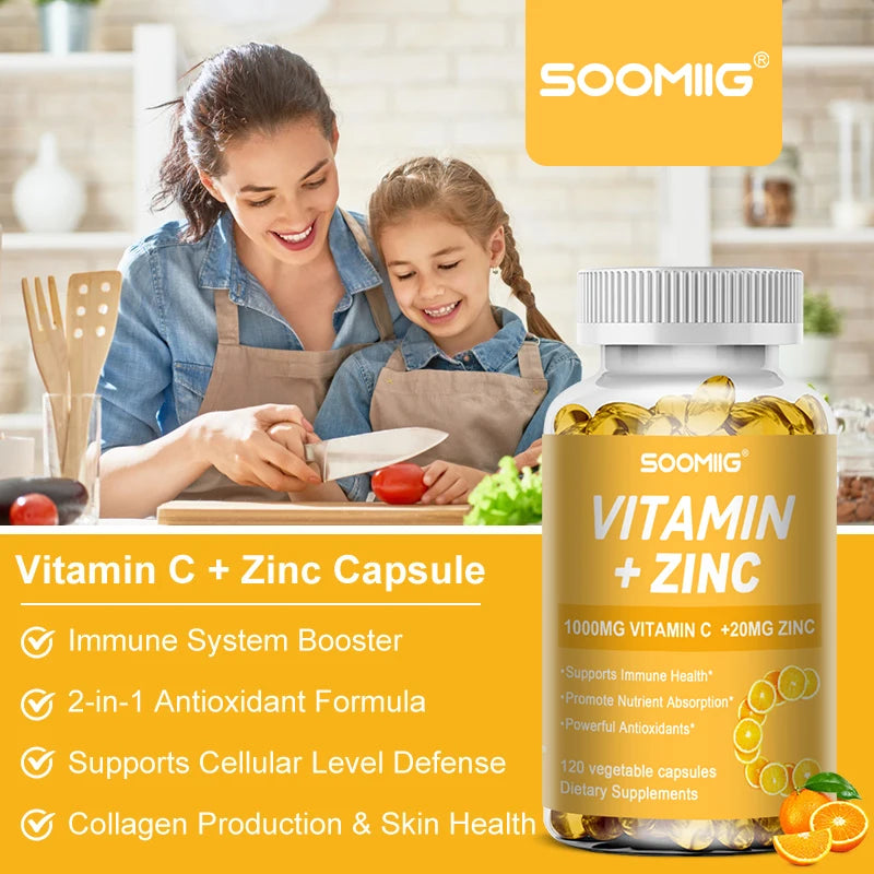 Soomiig Vitamin C with Zinc Capsules Vitamin C 1000MG, Zinc 20 Mg, for Immune Support Powerful Antioxidant & Energy Production