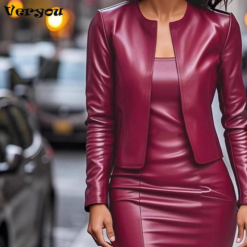 Fashion Slim Fit Leather Jacket Dress Women Classic Moto Biker PU Leather Jacket Coat Sleeveless Dress Women Set