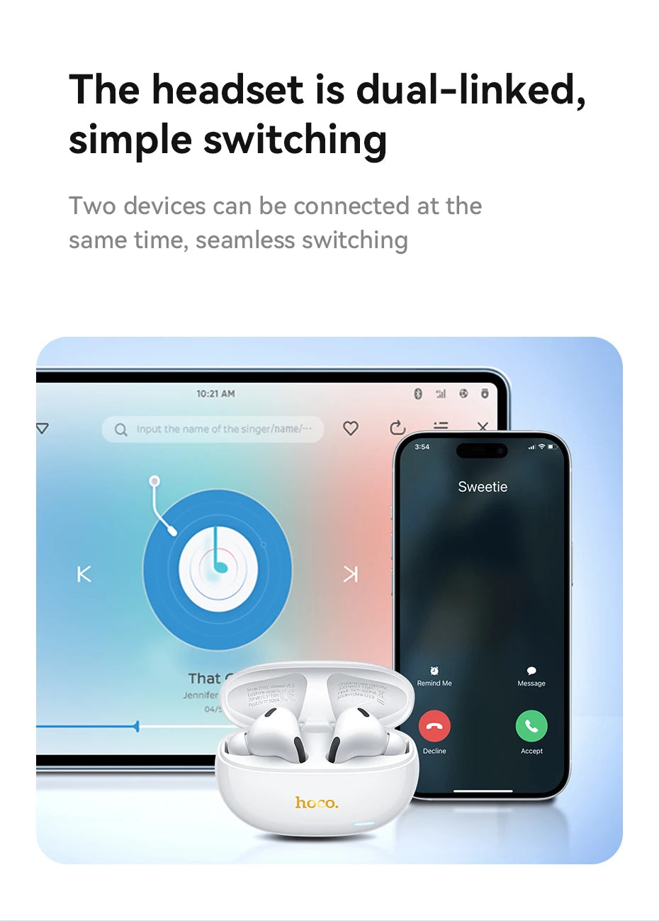 HOCO EW60 TWS Bluetooth Wireless Headphones - Waterproof Touch Control Earbuds with HD Mic for Smartphones