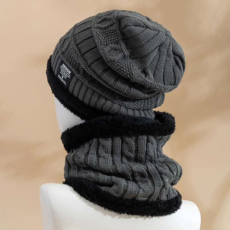 New Style Unisex Plush Lined Winter Hat Thicken Warm Knitted Suit Set Soft Stretch Winter Hats For Men&Women Leisure Beanie Cap
