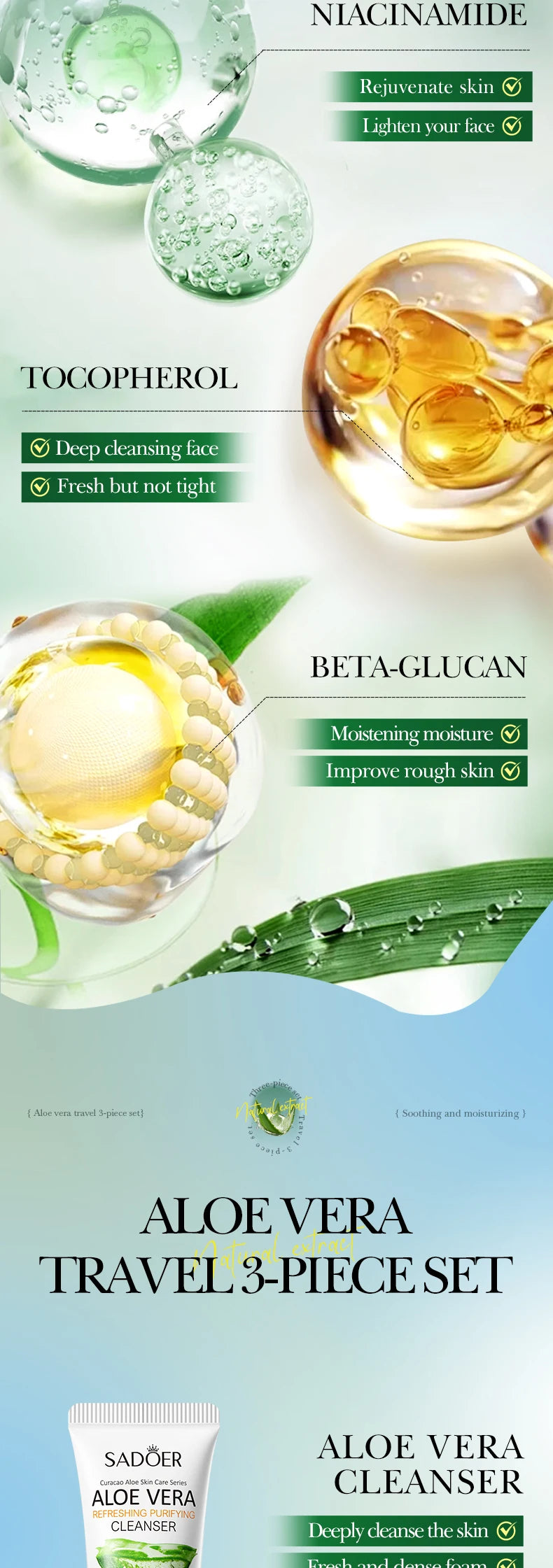 Facial Skin Care Set Moisturizing Facial Cleanser Refreshing Facial Cleanser firming Aloe Vera Face Gel Rejuvenate Skin Lighten