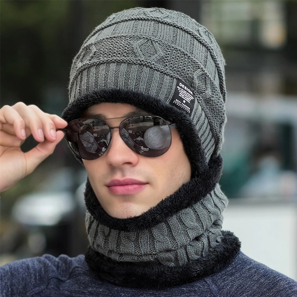New Style Unisex Plush Lined Winter Hat Thicken Warm Knitted Suit Set Soft Stretch Winter Hats For Men&Women Leisure Beanie Cap