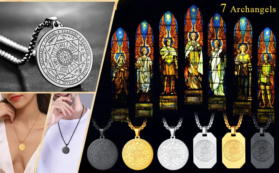 Seal of The 7 Archangels Pendant Necklaces for Men Seal of Solomon Spiritual Talisman Protection Amulet Stainless Steel Jewelry