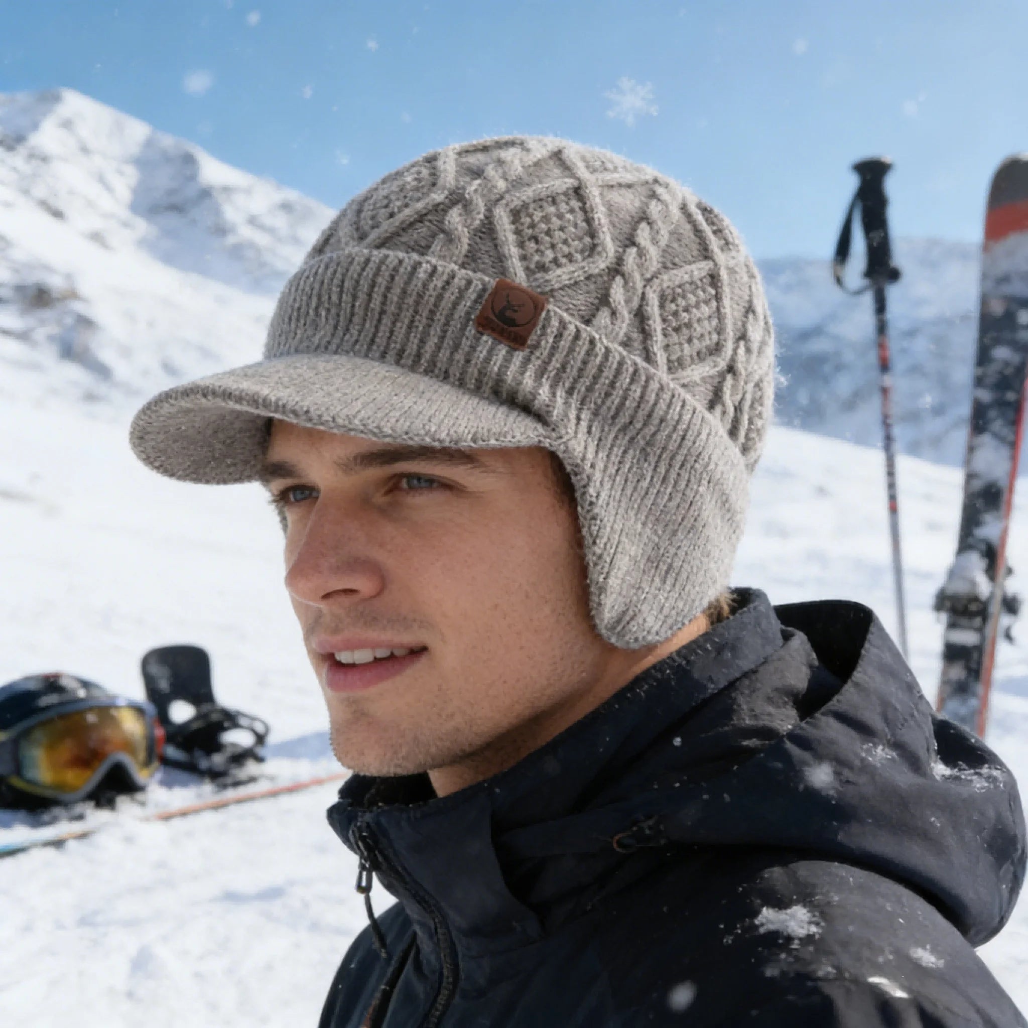 New Unisex Winter Hat Plush Fur Lined Warm Earflap Cap Stylish Soft Beanie Hat  Outdoor Thick Ski Sports Knitted Hat